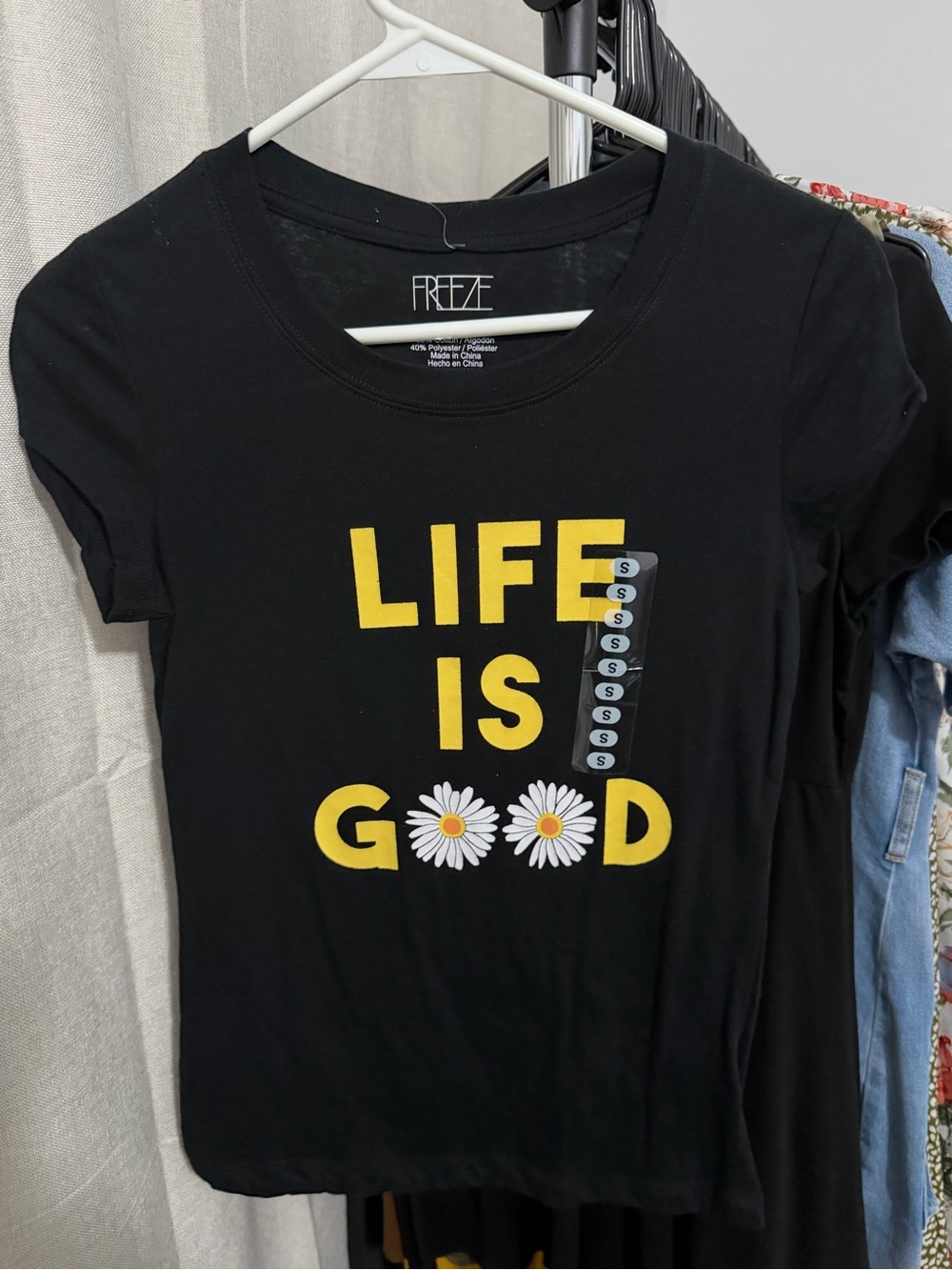Freeze Black Short-Sleeve Tee with Yellow Graphic and Daisy Detail